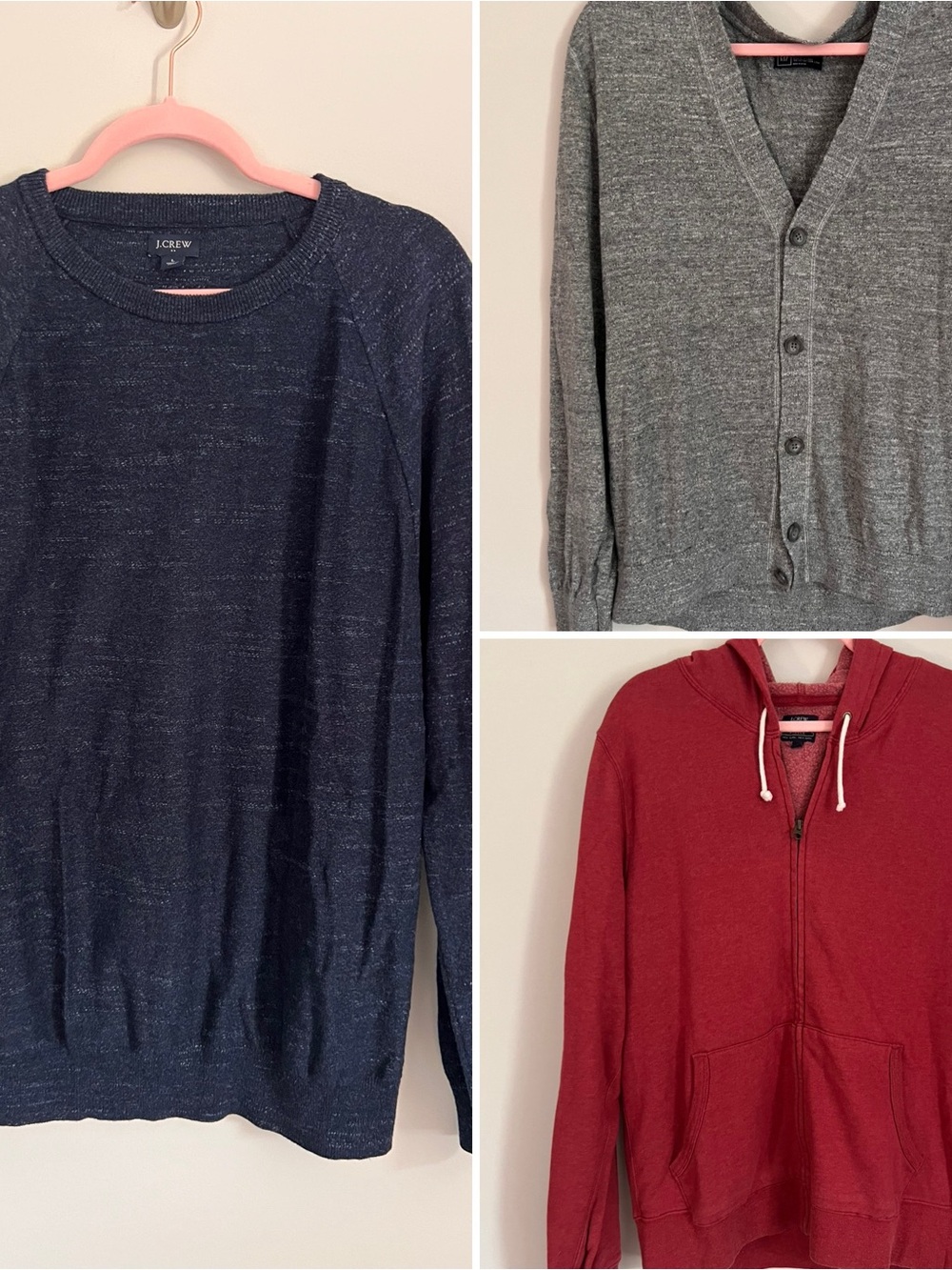 J. Crew Navy Pullover, Gray Cardigan & Red Zip Hoodie Set
